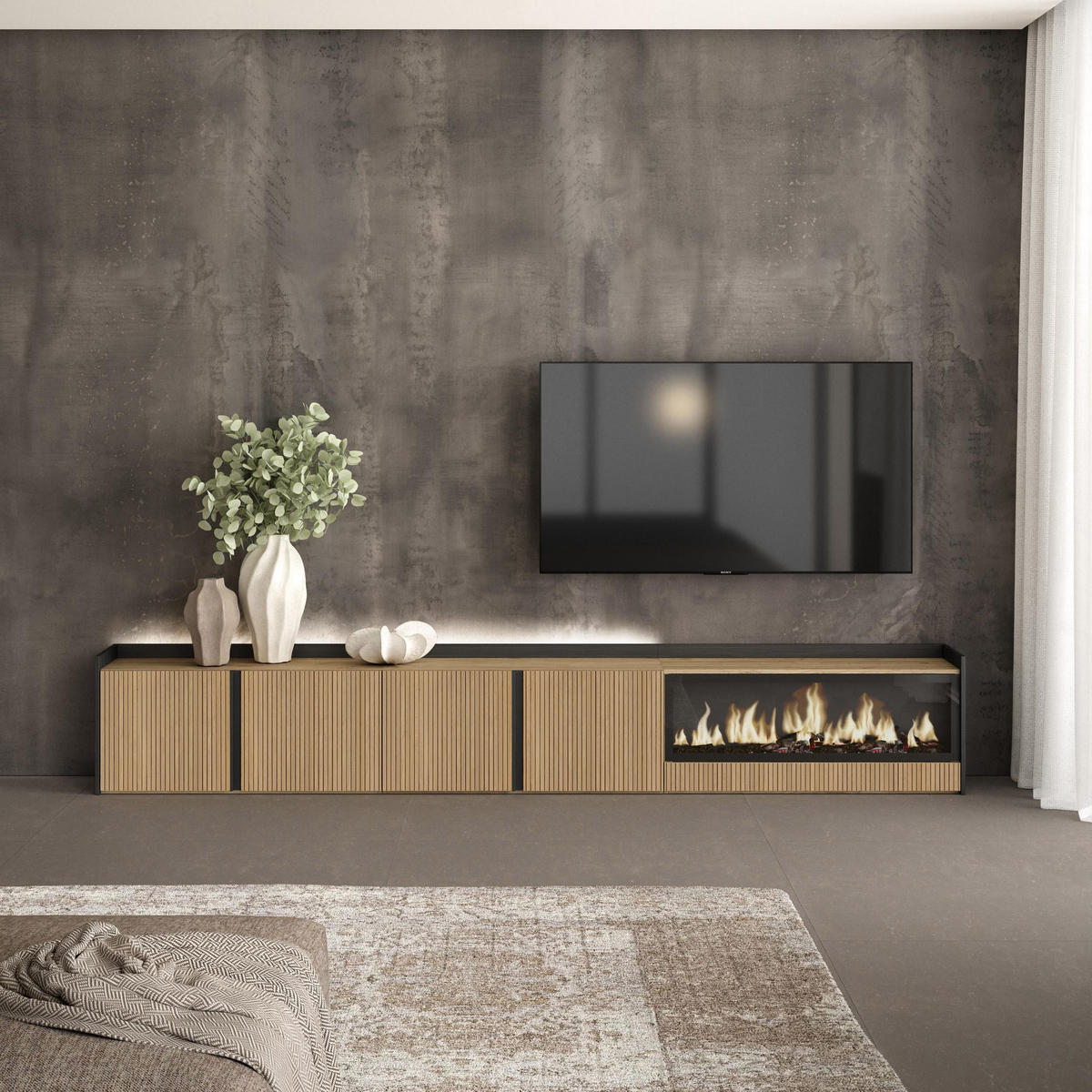 LOWBOARD, Eiche und Schwarz, 315/35/50cm, Elektrokamin XXL, Led - Eichefarben, Holzwerkstoff (315/50/35cm) - Skraut Home