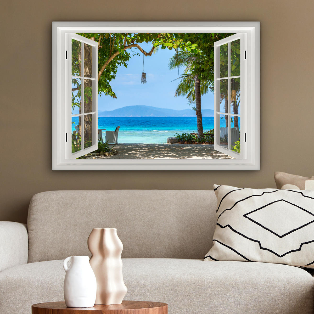 LEINWANDBILD Aussicht - Baum - Meer - Palme - Hügel - Strand - Blau Wandbilder 80x60 cm - Blau, Textil (80/60cm) - MuchoWow