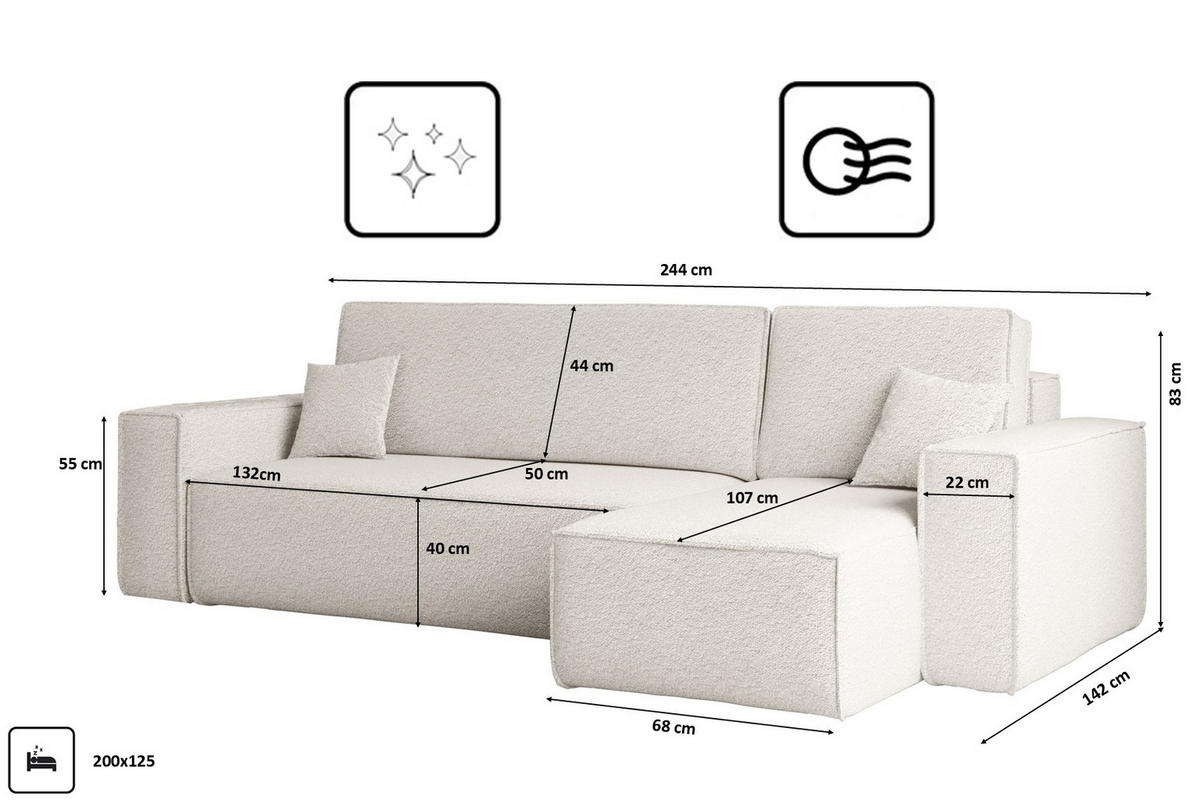 ECKSOFA Mit Schlaffunktion Und Bettkasten L-Form BEST Stoff Abriamo Ecru Rechts - Ecru, Holz/Textil (244/142cm) - Kaiser Möbel