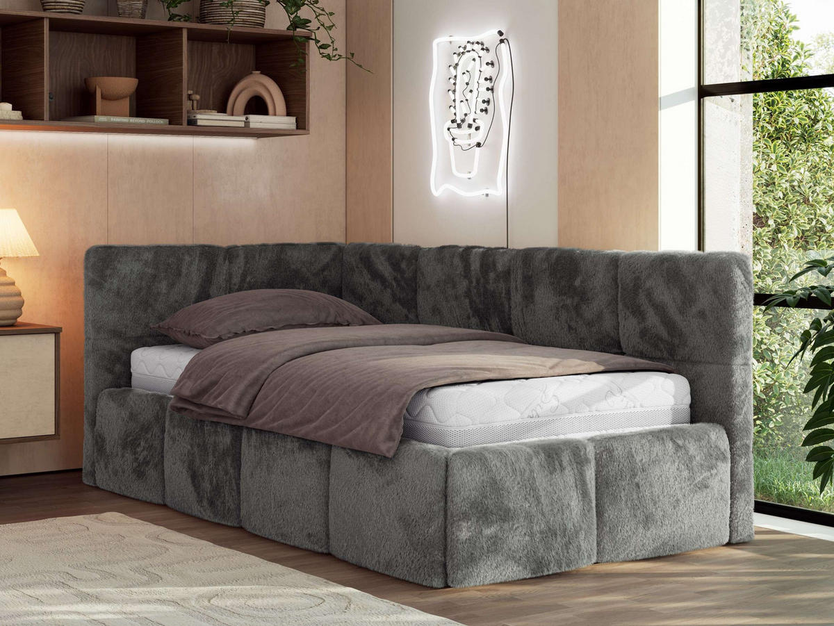 JUGENDBETT ARVO 90/200 - Dunkelgrau Plüsch - Pocket-Matratze - Links Seite - Dunkelgrau, Textil (90/200cm) - MKS