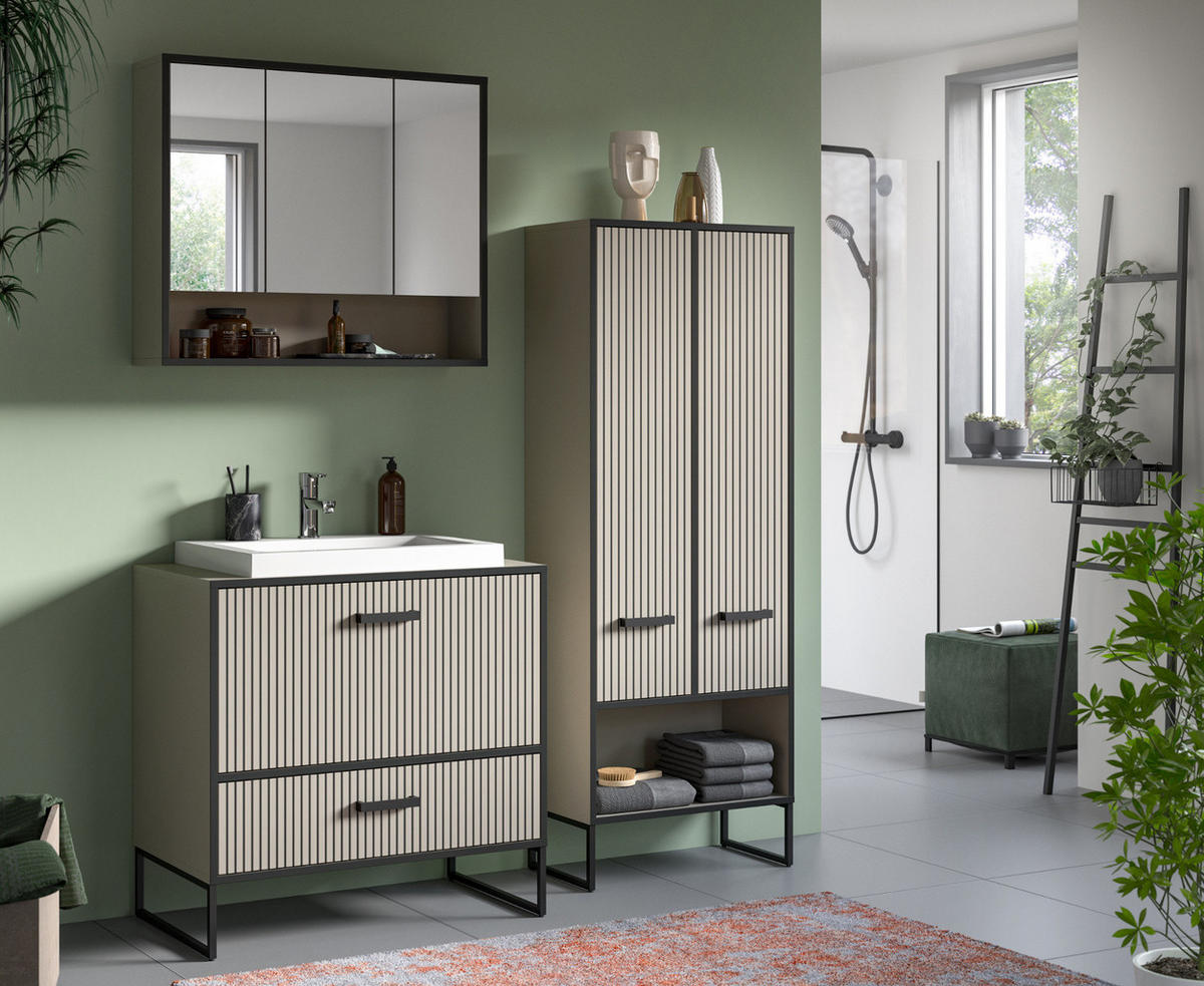 BADMÖBEL-SET schwarz, sand mit Waschbecken 154 cm, Kombination mit Soft-Close - Sandfarben/Schwarz, Glas/Keramik (154/192/48cm) - Inn.Furn
