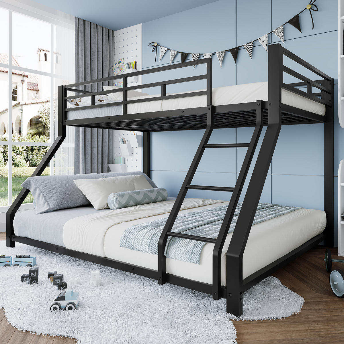 ETAGENBETT 90/200 cm und 140/200 cm mit Treppe, Geländer, Metall, Schwarz ohne Matratze - Schwarz, Metall (140/200cm) - MIVRAY