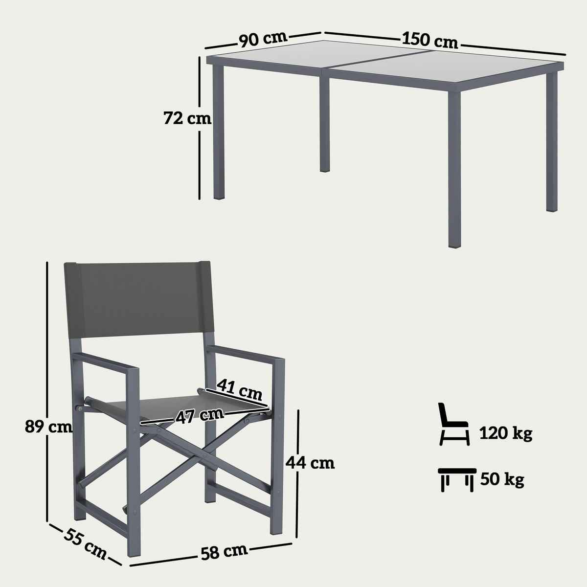 SITZGRUPPE 5-teilig DE-09823 mit Glastisch und klappbaren Stühlen Grau - Grau, Metall - ComfortXL
