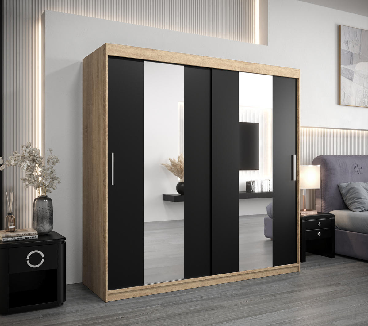 SCHWEBETÜRENSCHRANK 200/200/62 2-türig - Silberfarben/Schwarz, Holz/Kunststoff (200/200/62cm) - Abiks Möbel