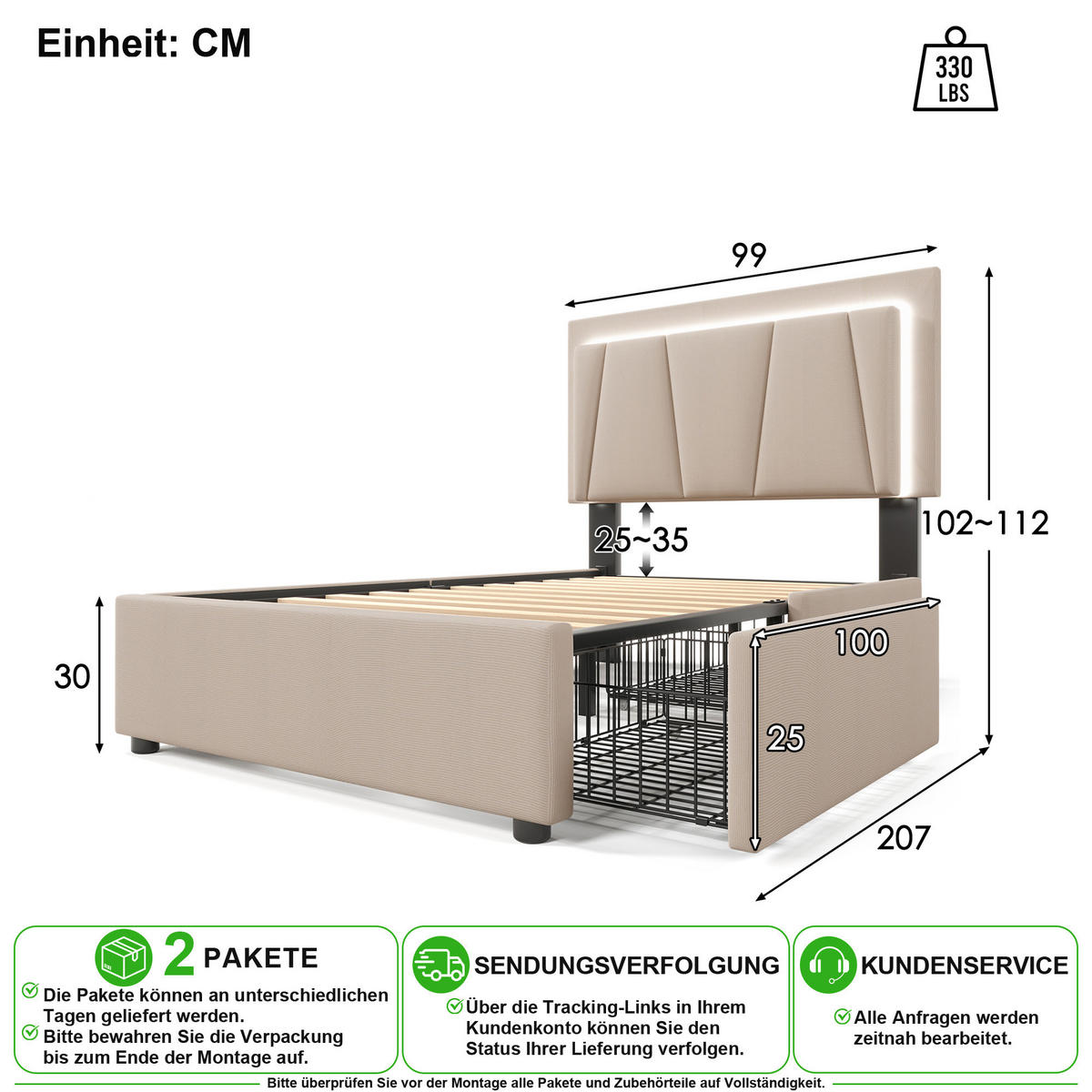 POLSTERBETT 90/200 cm in Beige mit 2 Schubladen und LED - Beige, Holzwerkstoff/Textil (90/200cm) - CHICFURN