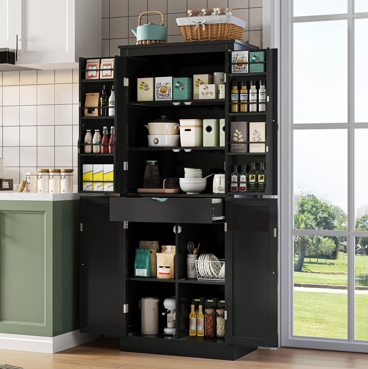 ANRICHTE Küchenschrank 75/40/182 cm aus MDF mit vielseitigem Stauraum Schwarz - Schwarz, Holzwerkstoff (75/180/40cm) - Modenvie