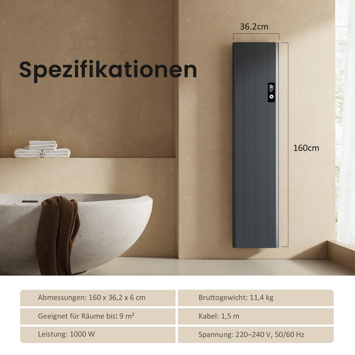 HEIZKÖRPER Anthrazit 160/36,2/6 cm - Anthrazit, Metall (36/160/6cm) - EMKE