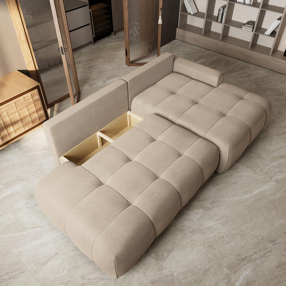 ECKSOFA FLUMA CL R-S Beige Samtstoff mit Schlaffunktion - Beige, Holzwerkstoff/Textil (279/158cm) - MASSENO
