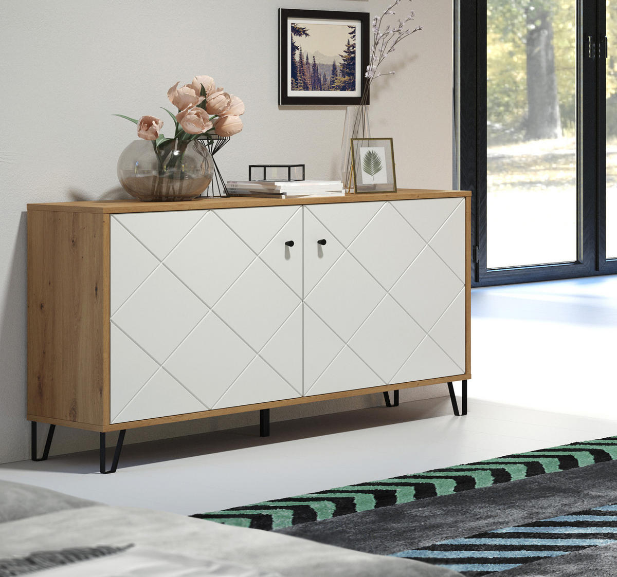 KOMMODE weiß matt mit Rautenoptik, Eiche Artisan 123 cm, Sideboard mit Soft-Close - Eichefarben/Schwarz, Holzwerkstoff/Kunststoff (123/76/40cm) - Top.Furn