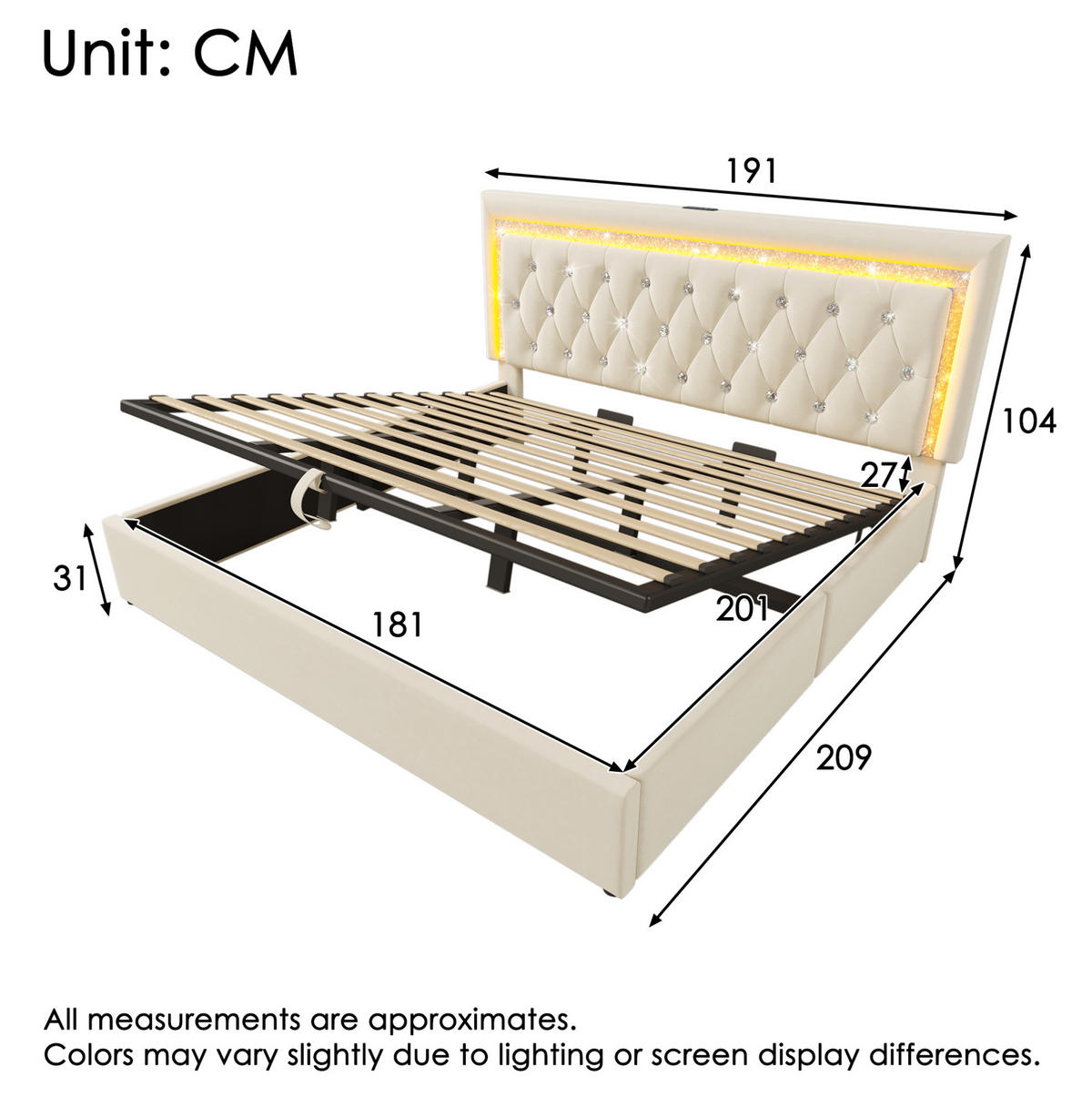 POLSTERBETT aus Samt 180x200 cm Beige mit LED-Beleuchtung, USB-C und hydraulischem Bettkasten - Beige, Textil (180/200cm) - IVMEU