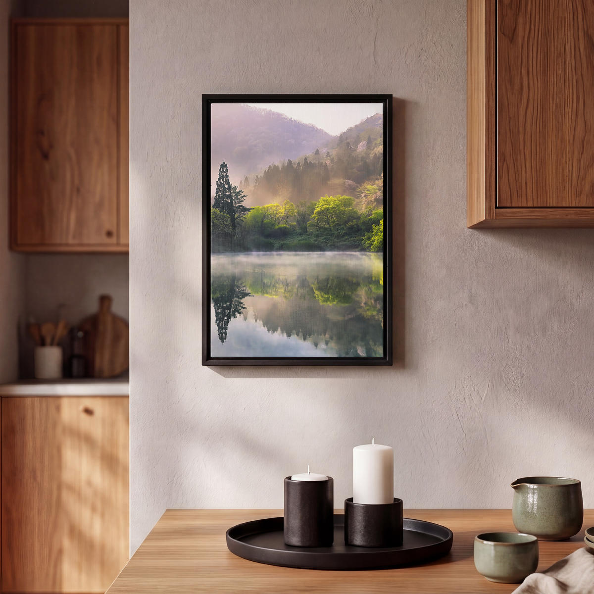 LEINWAND Bilder mit Rahmen - Natur - Bäume - Berge - See - Wasser - 20x30 - Hellgrün, Textil (20/30cm) - MuchoWow
