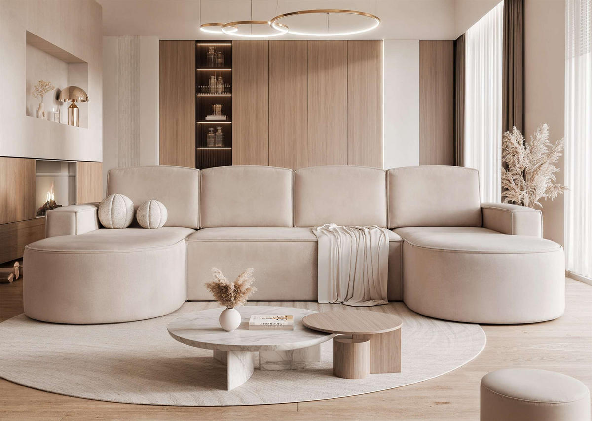 WOHNLANDSCHAFT U-Form mit Schlaffunktion, Beige - Beige, Textil (316/88/157cm) - Idohome