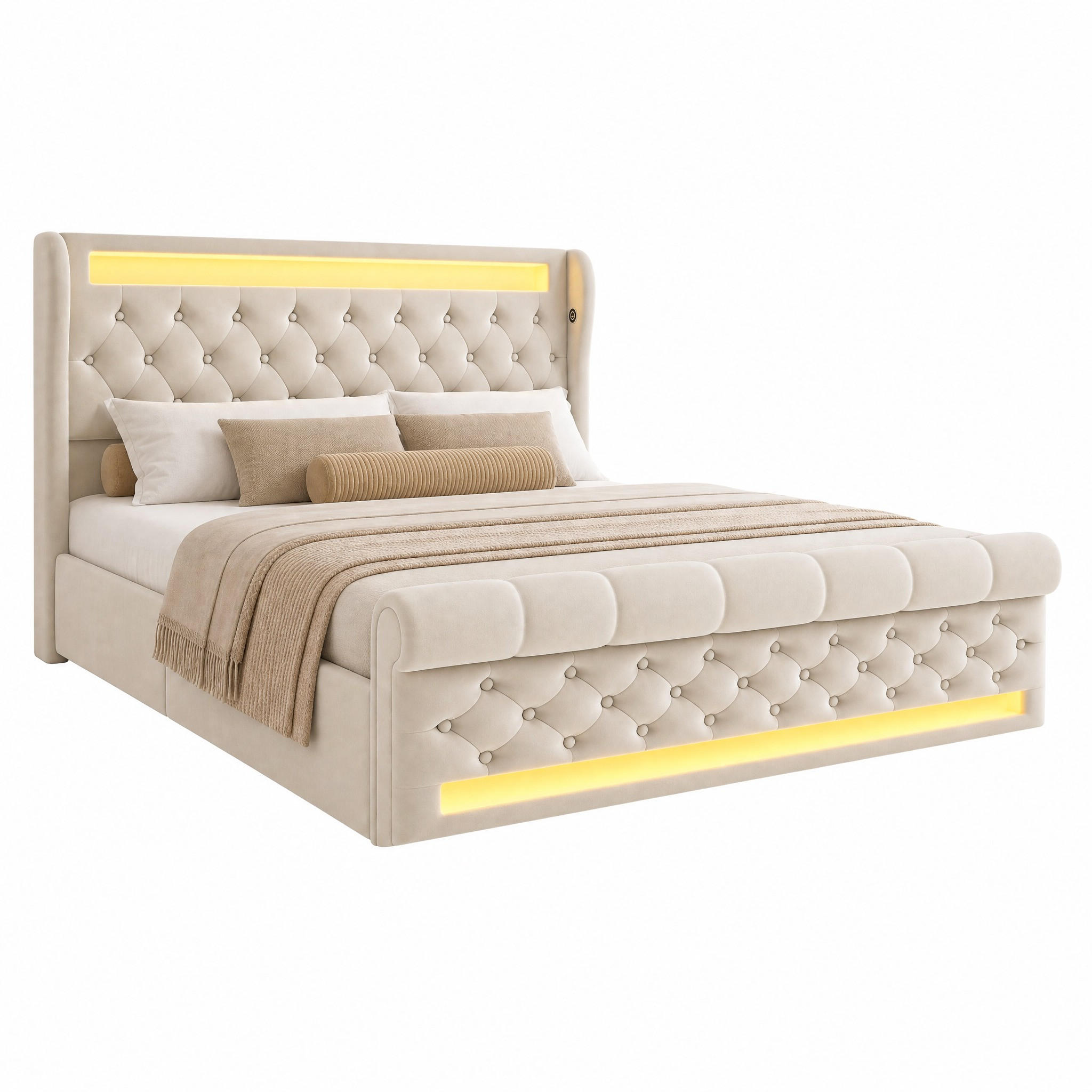 POLSTERBETT mit LED, Stauraum und Ladestation 140x200 cm Samt Beige inkl. Matratze - Beige, Metall (140/200cm) - Meubliv