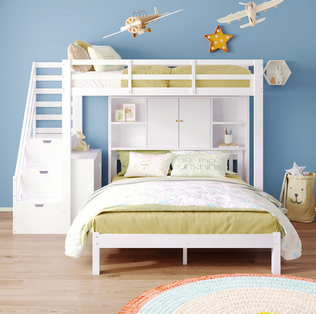 ETAGENBETT 90/200 + 140/200 cm und MDF mit Aufbewahrungstreppe, Regalen und Beistelltisch, Weiß - Weiß, Holzwerkstoff (90/200cm) - Redom