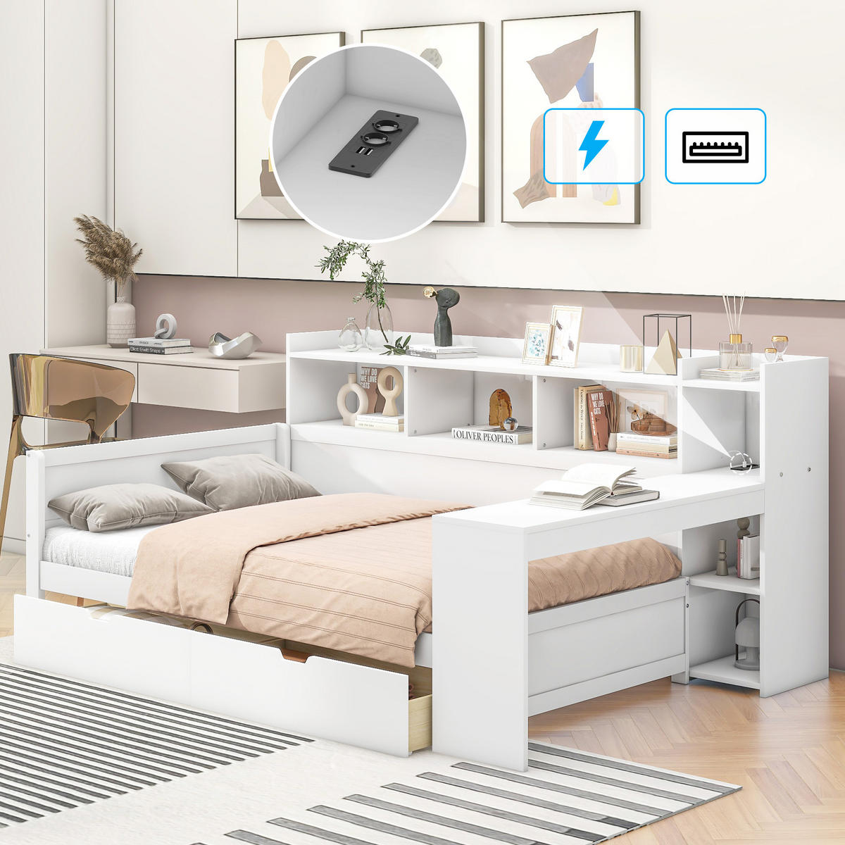POLSTERBETT 90x200 cm USB Schubladen weiß - Weiß, Holzwerkstoff (90/200cm) - Fortuna Lai
