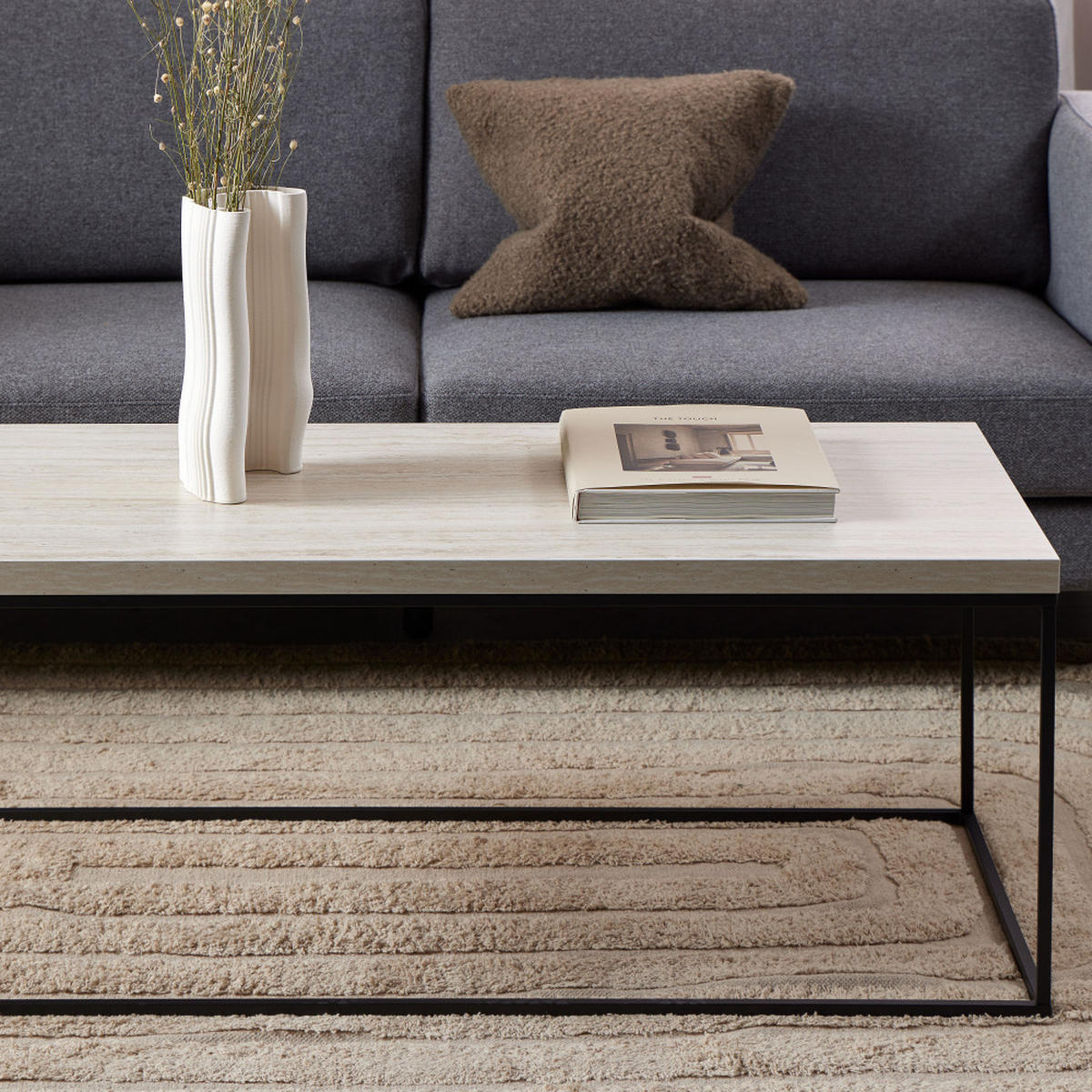 COUCHTISCH aus Travertin- und Metall-Optik, 110x50cm - Mixo - Beige - Beige, Stein (110/55/45cm) - Drawer