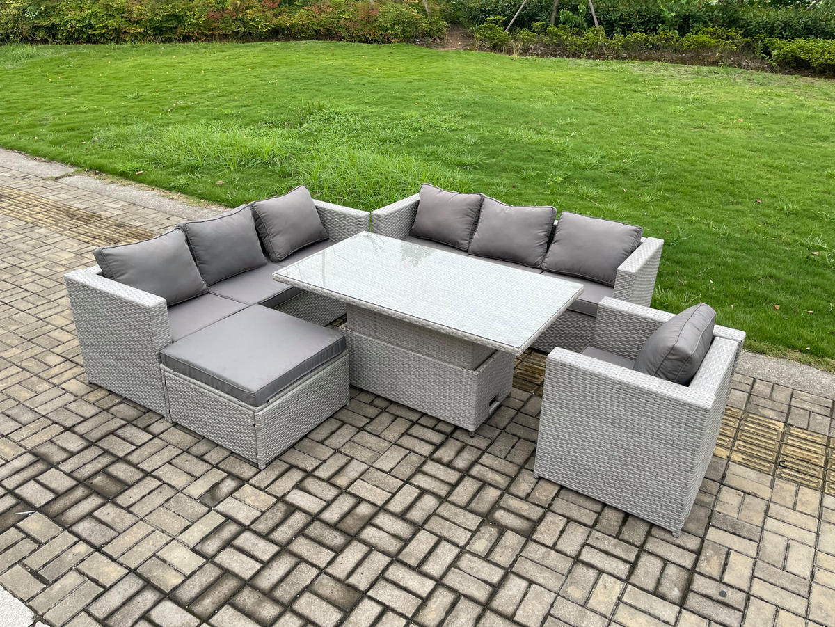 GARTENMÖBEL SET mit höhenverstellbarer Tisch Polyrattan Helles Grau 8-Sitzer - Hellgrau, Metall - Fimous