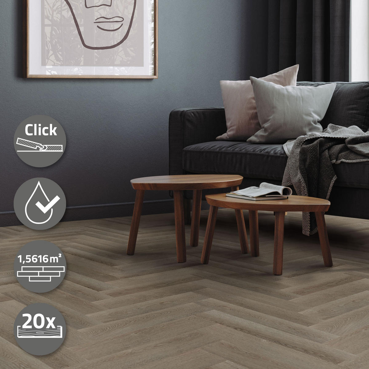 VINYLBODEN Click 1,56m²/20 Dielen Fischgrät Eiche Dunkel - Naturfarben, Kunststoff (61.5/12.8/0.42cm) - ML-DESIGN