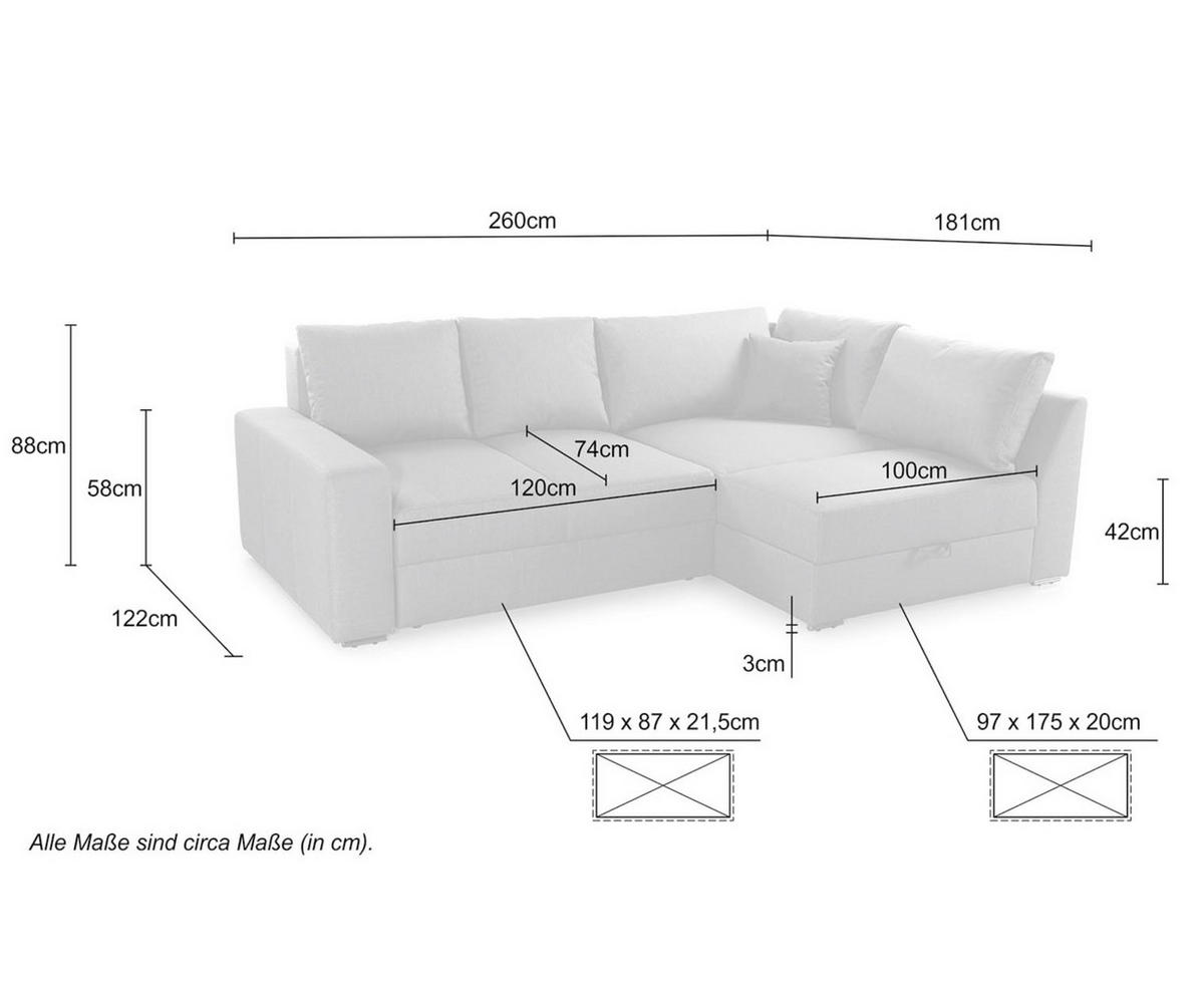 ECKSOFA-DAUERSCHLÄFER Boxspring Federkern Topper Bettkasten, seitenverkehrt montierbar B260/T181/H88 cm, Mikrofaser in Hell-Braun / 15108 - Hellbraun/Chromfarben, Textil/Metall (260/181cm) - luma-home