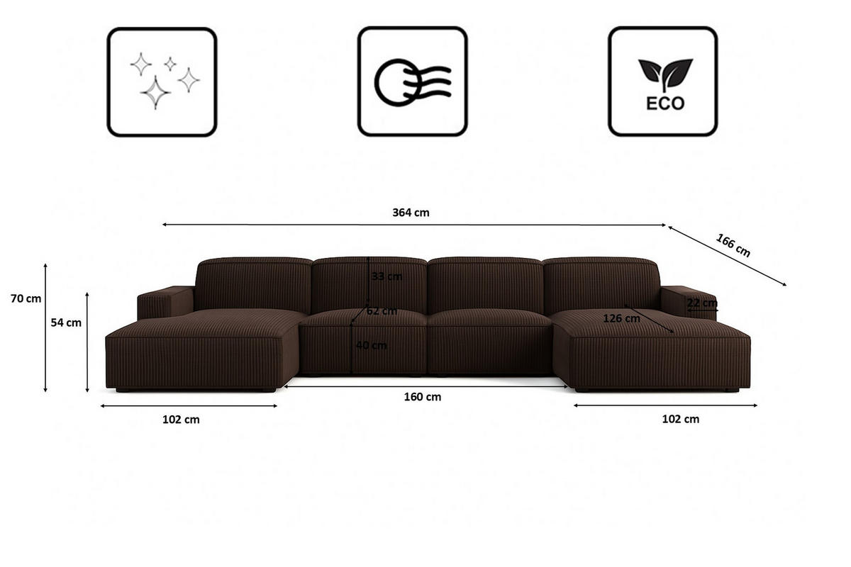 ECKSOFA Cursal U-Form, Stoff Poso, Braun - Braun, Holz (364/166cm) - Kaiser Möbel