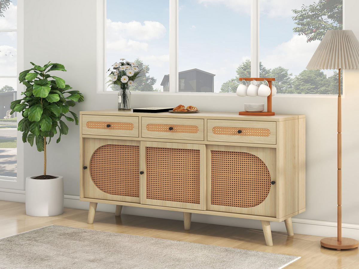 SIDEBOARD 140/40/78 cm, 3 Schubladen und 3 Türen, Oak-Optik mit PE-Rattantüren, Eiche - Eichefarben, Holzwerkstoff (140/78/40cm) - Redom