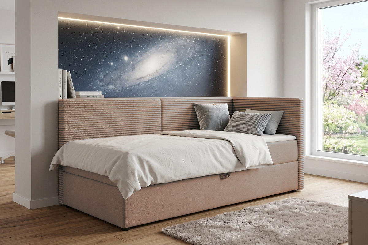 BOXBETT MILA 100/200 in Cord/Velours Beige H4 rechts - Beige, Holz/Holzwerkstoff (100/200cm) - Deine Möbel 24