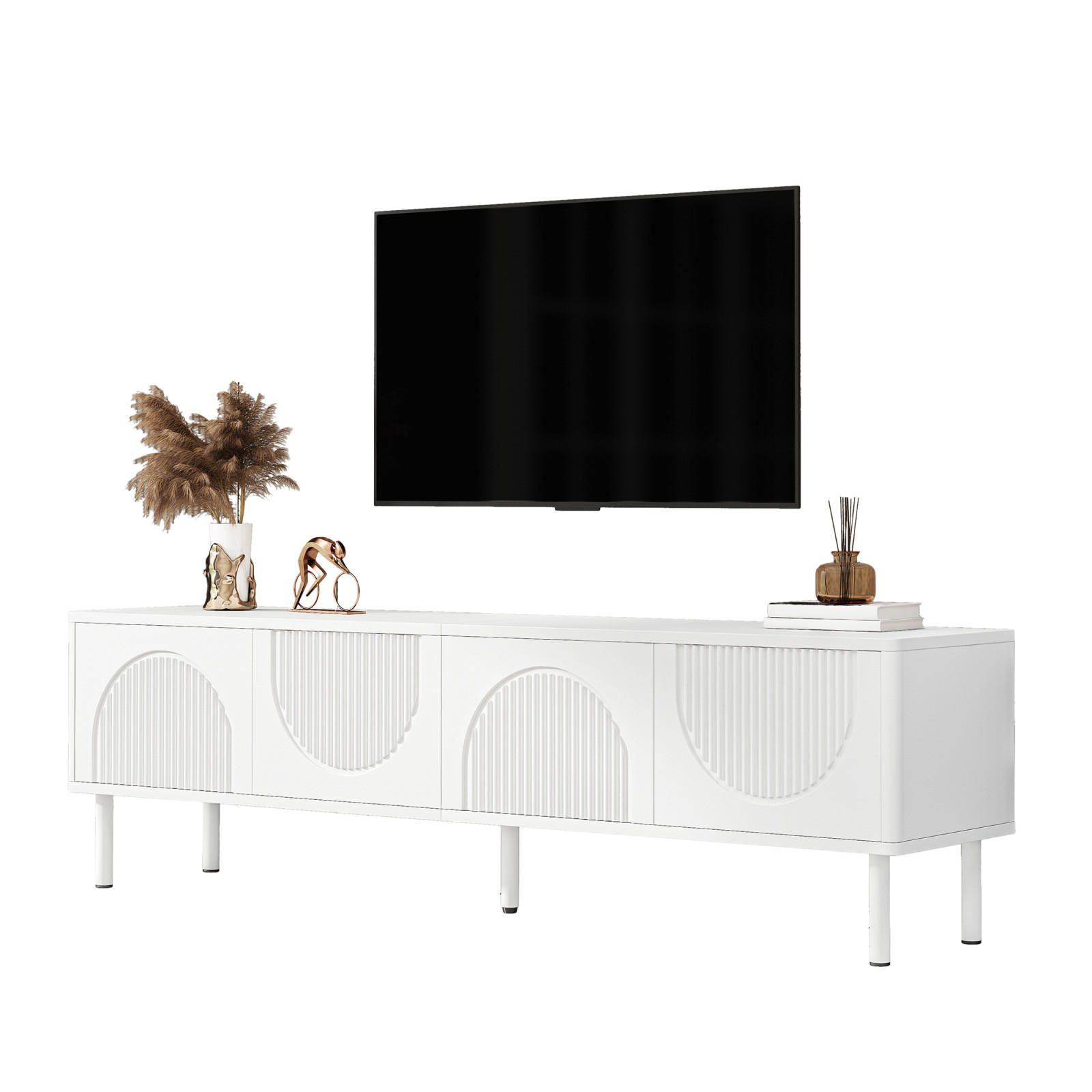 TV-LOWBOARD 180 cm aus MDF, 4 Türen, 3D-Relieffront, Kabelmanagement, Mattweiß - Weiß, Holzwerkstoff (180/52/40cm)