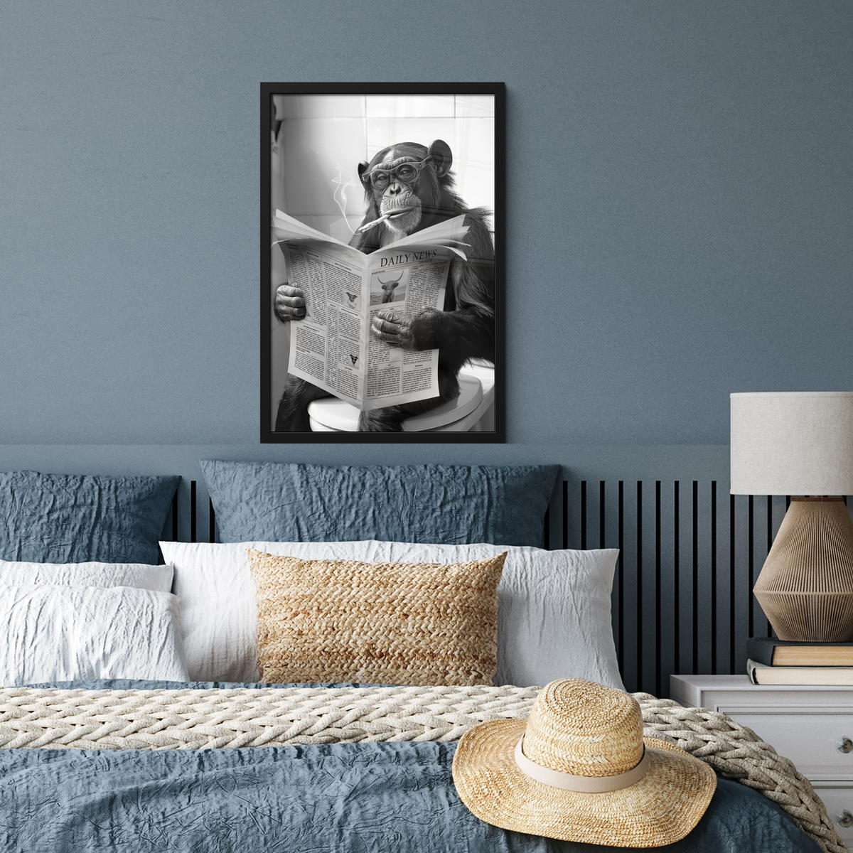 GERAHMTES BILD Affe - WC - Zeitung - Schwarz-Weiß - Humor 40x60 cm - Hellgrau, Papier (40/60cm) - MuchoWow