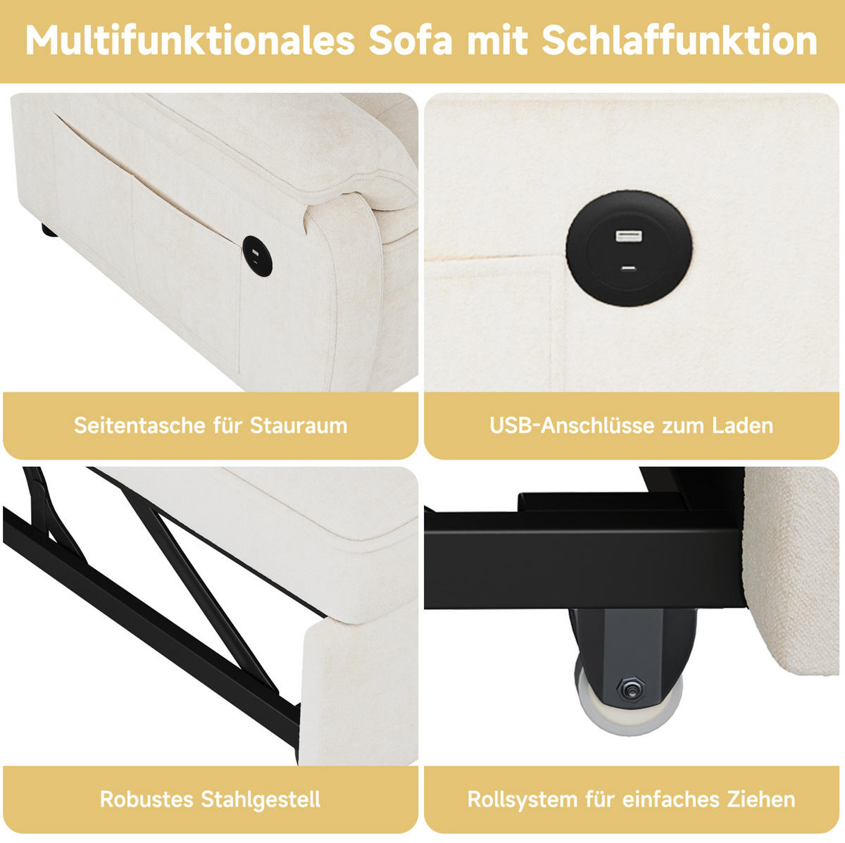 SCHLAFSOFA 142/90/86,5 cm aus Chenille mit 3-in-1-Bettfunktion Beige - Beige, Textil (90/86.5/142cm) - Modenvie