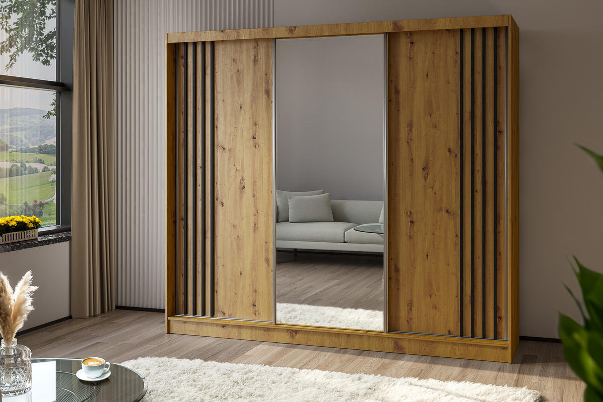 KLEIDERSCHRANK mit Spiegel-Schiebetüren und Aluminium-Leisten, LED-Beleuchtung - NALLA - 240 cm Artisan+Artisan+Schwarz - Schwarz/Eiche Artisan, Holzwerkstoff (240/216/61cm) - ALTDECOR