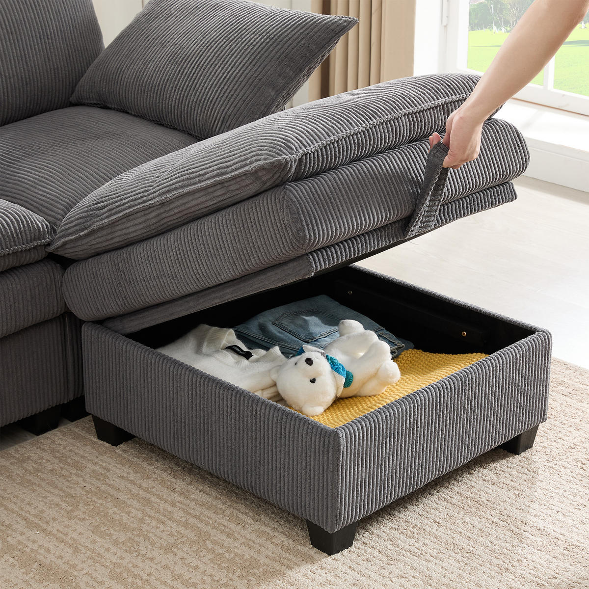WOHNLANDSCHAFT Cord Grau mit USB, Stauraum und mit Hocker - Grau, Holzwerkstoff/Kunststoff (280/83/150cm) - WISHDOR