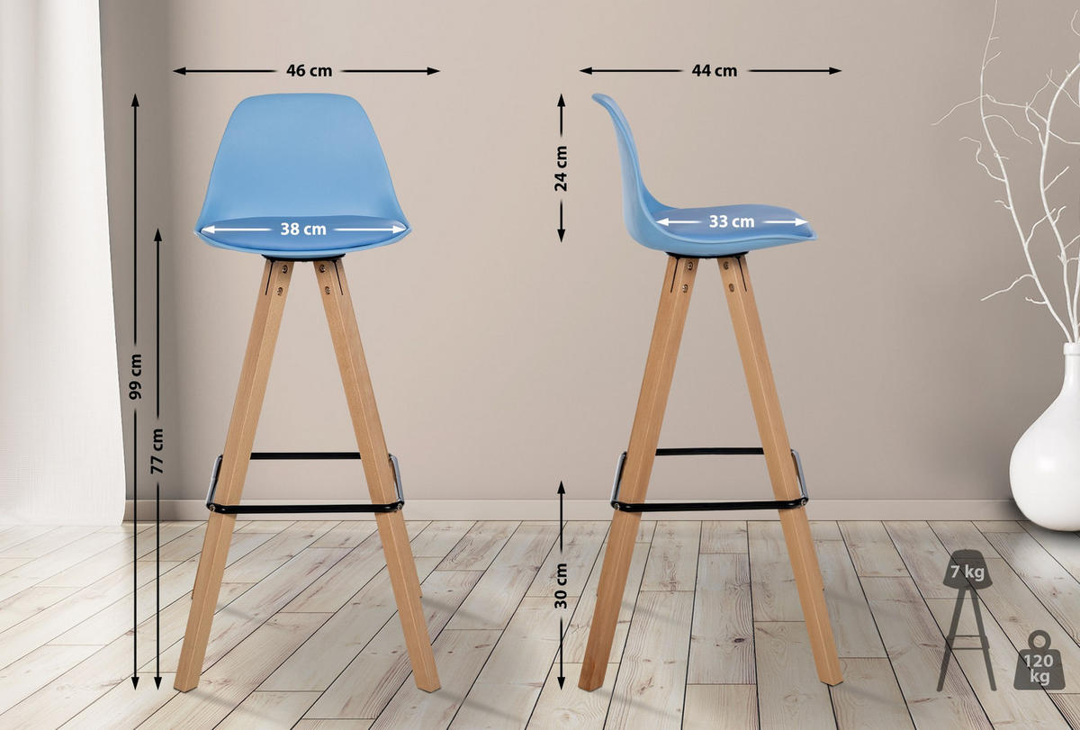 BARHOCKER Lederlook blau - Blau/Eukalyptusholzfarben, Holz/Textil (38/99/44cm) - CLP