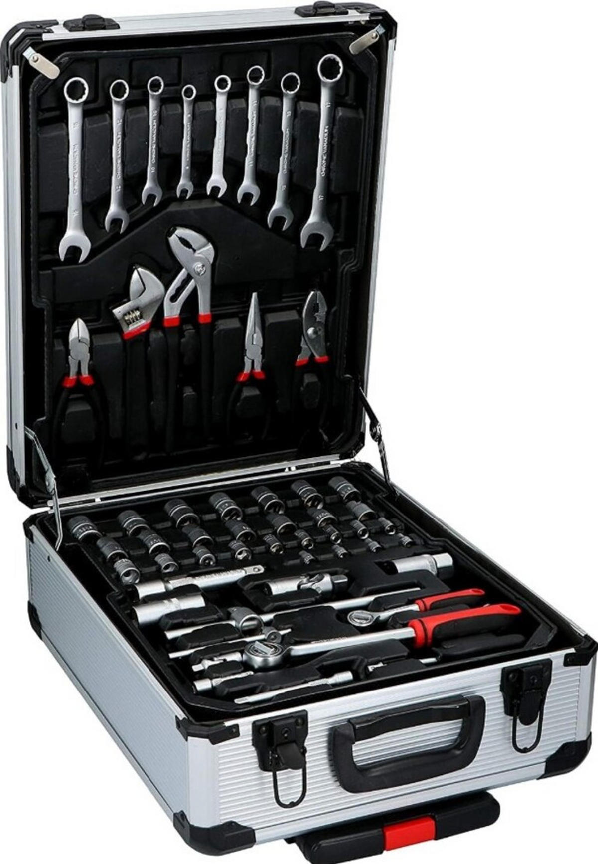WERKZEUGSET – 187-teiliges All-in-One Heimwerker Set mit Aluminium-Trolley, Robustes CR-V Werkzeug für Reparaturen, Wartung & DIY - Silberfarben/Schwarz, Metall (36/18/46cm) - Kinzo
