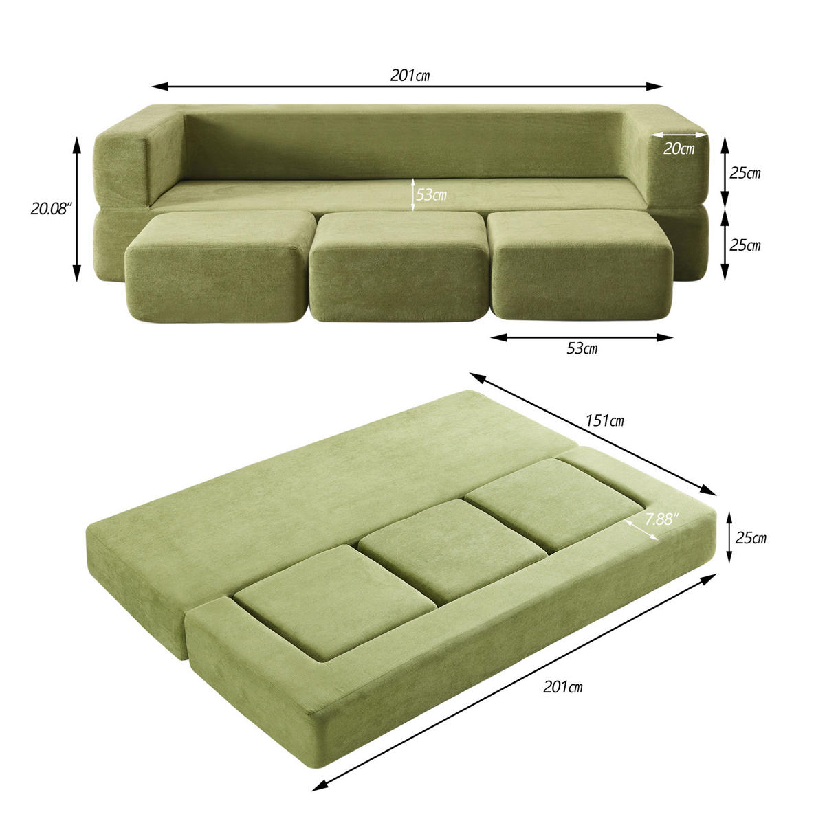 BODENSOFA Schlafsofa aus Schaumstoff mit wandelbarer Modulfunktion Grün - Grün, Kunststoff (75.5/50/201cm) - Modenvie