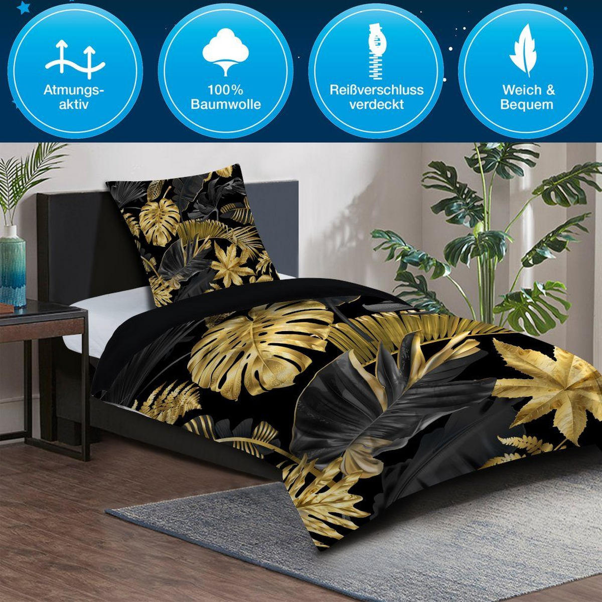 BETTWÄSCHE 4-teilig Floral - Schwarz, Naturmaterialien (135/200cm) - Sanilo