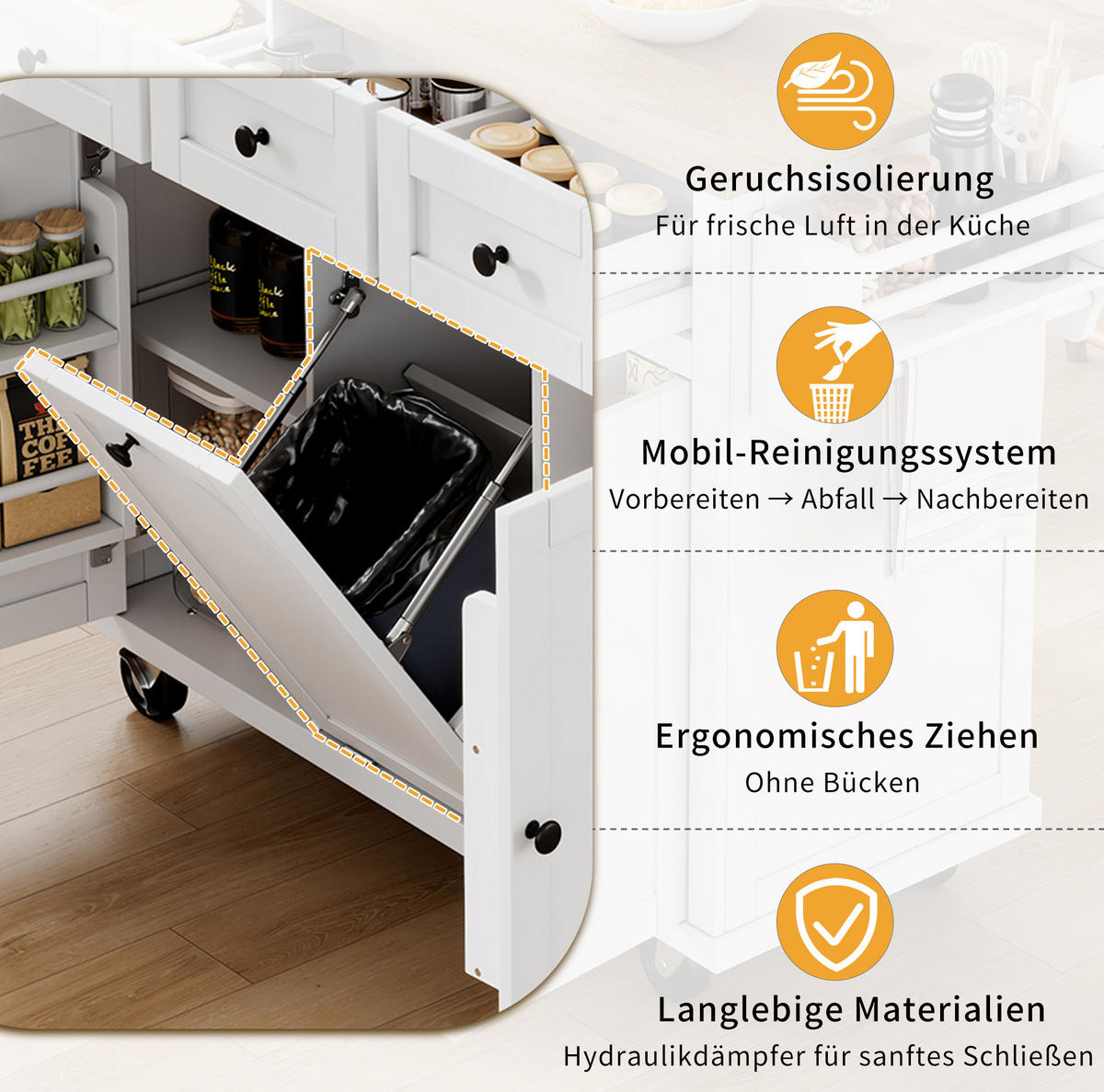 KÜCHENINSEL mit Rollen und ausziehbarer Arbeitsplatte Weiß - Weiß, Holz (46.2/92.7/131.2cm) - Beauniv
