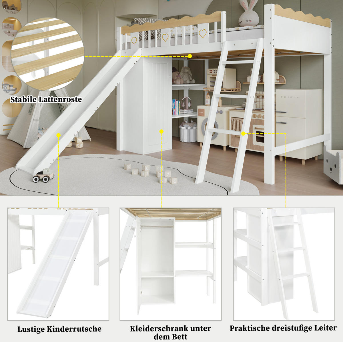 DJEČJI visoki krevet od borovine i MDF-a 90x200 cm bijela/prirodna s toboganom, ormarom i ormarićem - bijela, drvni materijal (90/200cm) - Modfu
