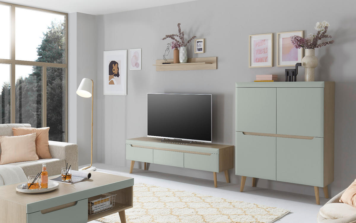 WOHNWAND 3-teilig pistazie grün, Eiche, skandinavisch 287 cm, Schrankwand mit Soft-Close - Eichefarben/Pastellgrün, Eichenholz/Holz (287/170/40cm) - Furn.Design