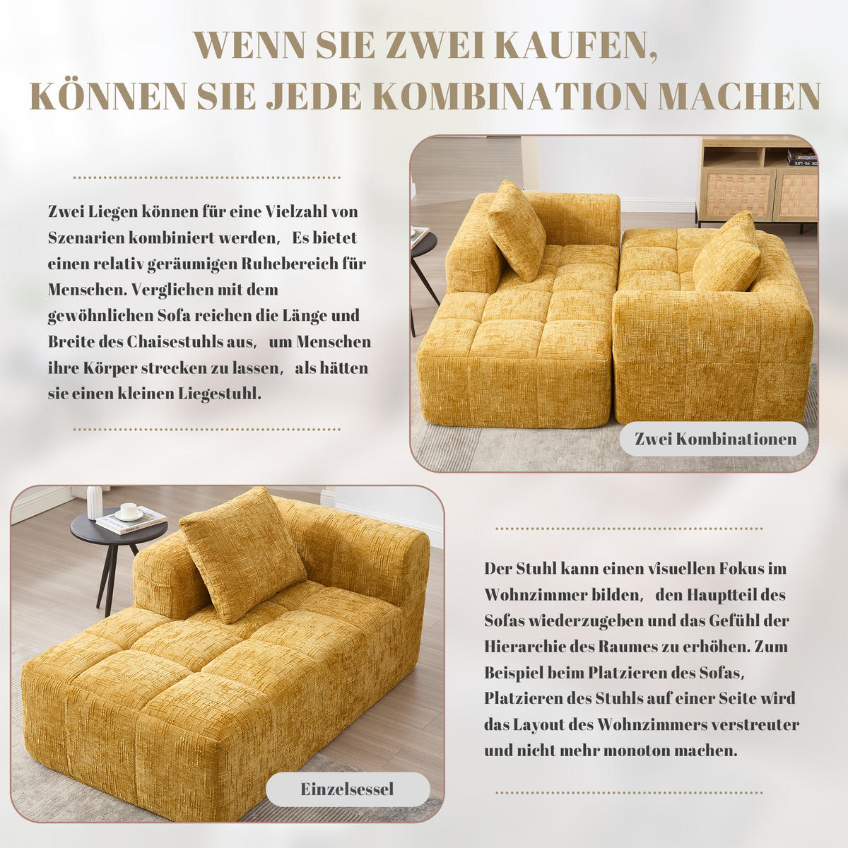 CHAISELONGUE Sofa Chenille mit Seitentaschen und Kissen 158/90/60 cm Gelb - Gelb, Textil (60/158/90cm) - Redom
