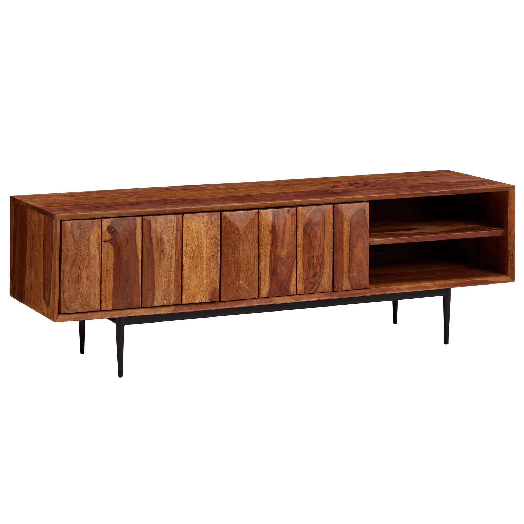 LOWBOARD Massivholz Modern Stil für 55-Zoll Fernseher Push-to-Open mit Edelstahlbeinen - Schwarz/Braun, Holz/Metall (123/42/35cm) - KADIMA DESIGN