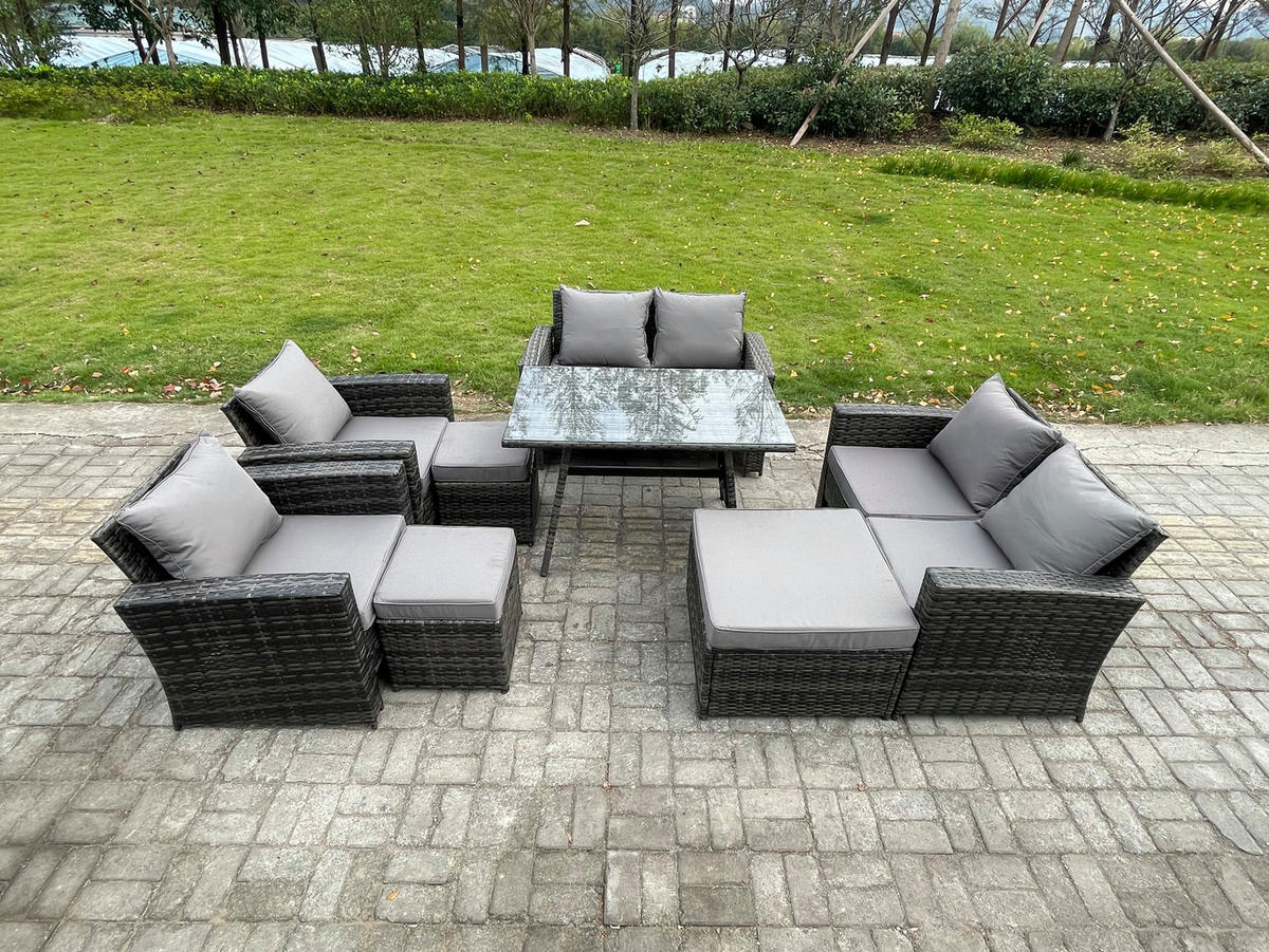 GARTENMÖBELSET mit ESSTISCH,HOCHLEHNER-SOFA Polyrattan Dunkelgrauer Mix 9-Sitzer - Dunkelgrau/Grau, Glas/Kunststoff - Fimous