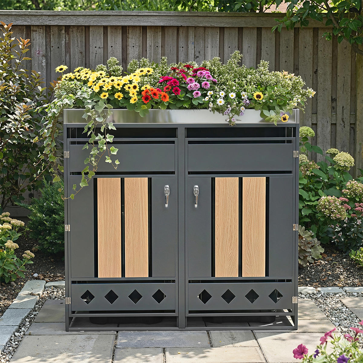 MÜLLTONNENBOX aus Stahl in Grau/Holzoptik mit Pflanzkasten & abschließbaren Türen 132x80x124,5 cm - Grau, Metall (132/124.5/80cm) - Modfu
