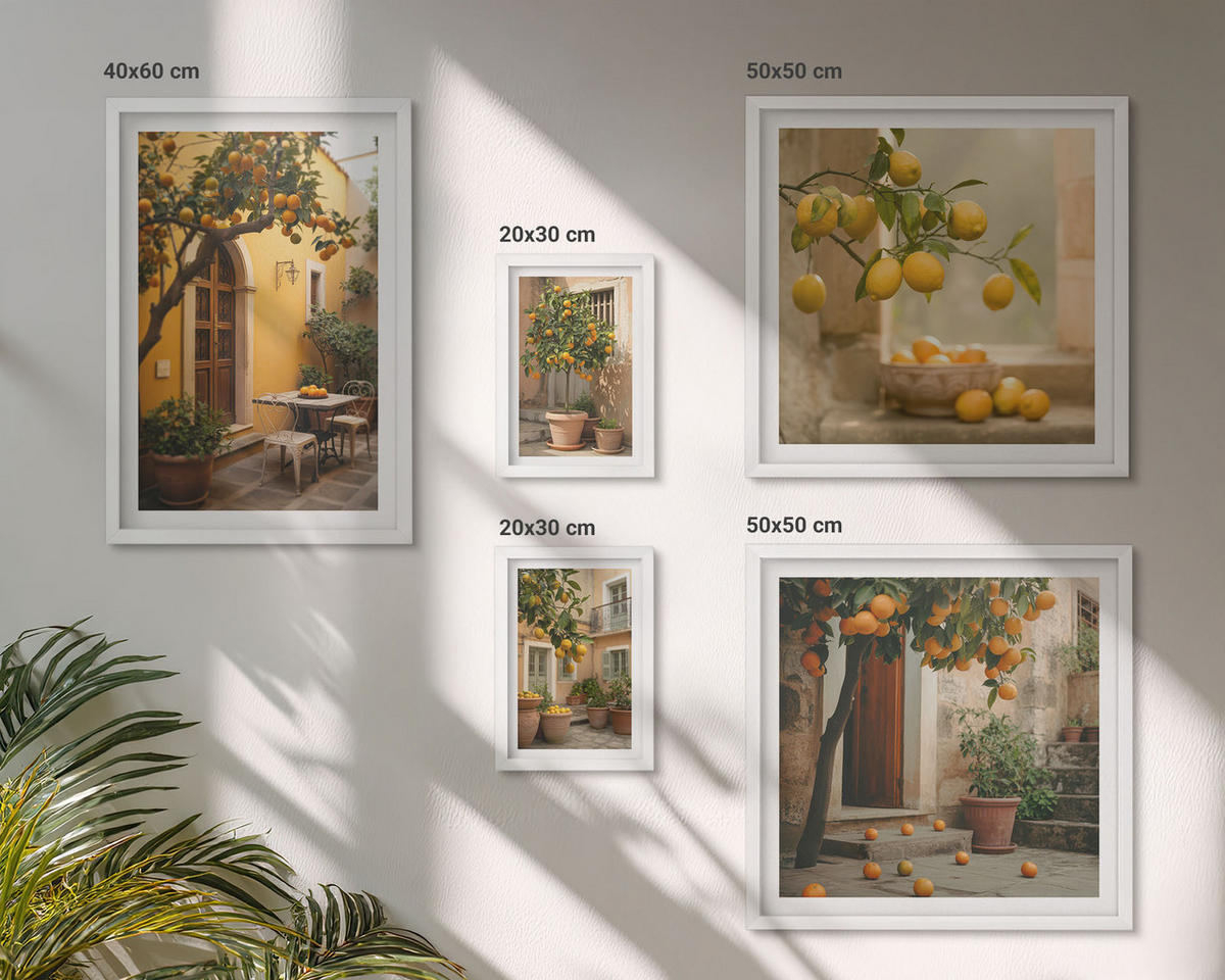 WANDBILDER 5er-Set - 50x50 cm & 20x30 cm & 40x60 cm Weißer Rahmen - Terrasse mit Zitrusbäumen - Weiß, Kunststoff (40/60cm) - ArtPrintCave