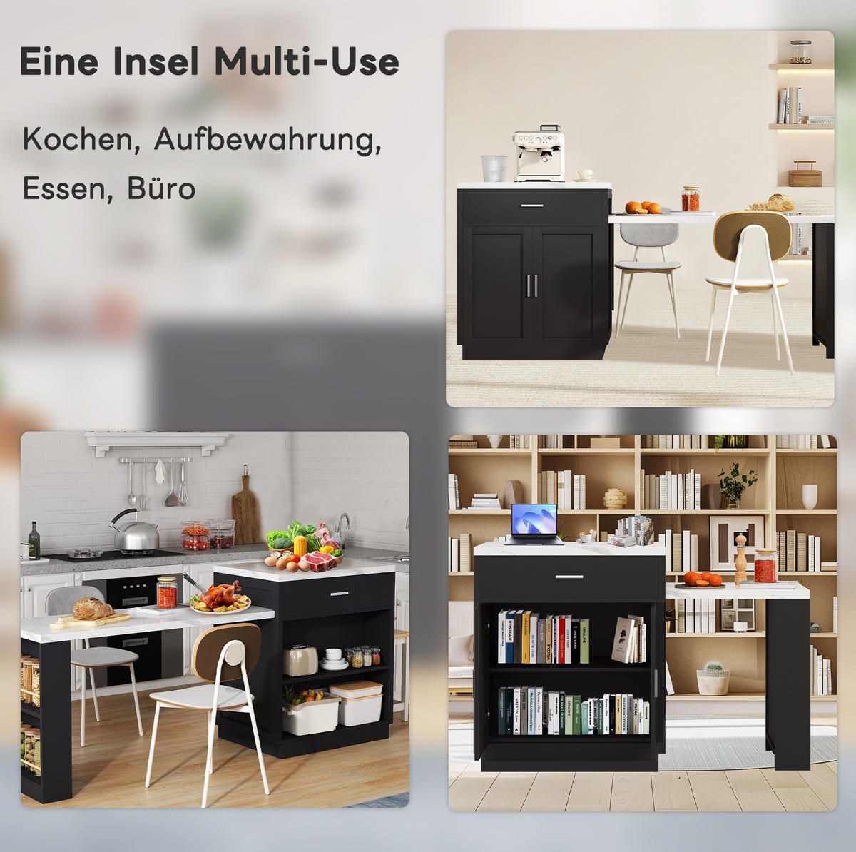 KÜCHENINSEL 211x55x89.5cm Schwarz mit ausziehbarem Esstisch - Schwarz, Holzwerkstoff (211/89.5/55cm) - Modfu