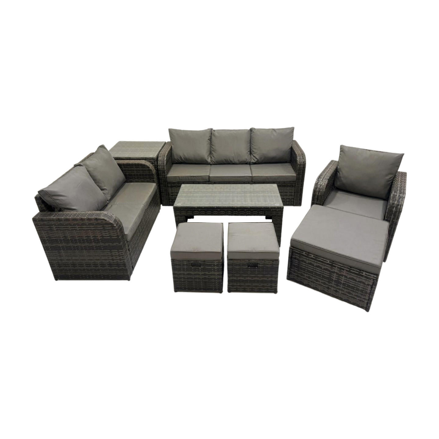 GARTENSOFA SET mit rechteckigem COUCHTISCH Polyrattan 9-Sitzer Dunkelgrau - Dunkelgrau/Grau, Glas/Kunststoff - Fimous