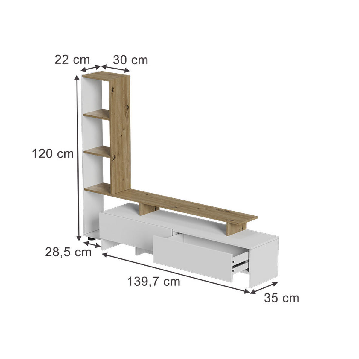 LOWBOARD Tavora Weiß/Eiche 168.2 x 120 cm mit 2 Schubladen - Eichefarben/Weiß, Holzwerkstoff (168.2/120/35cm) - Vicco