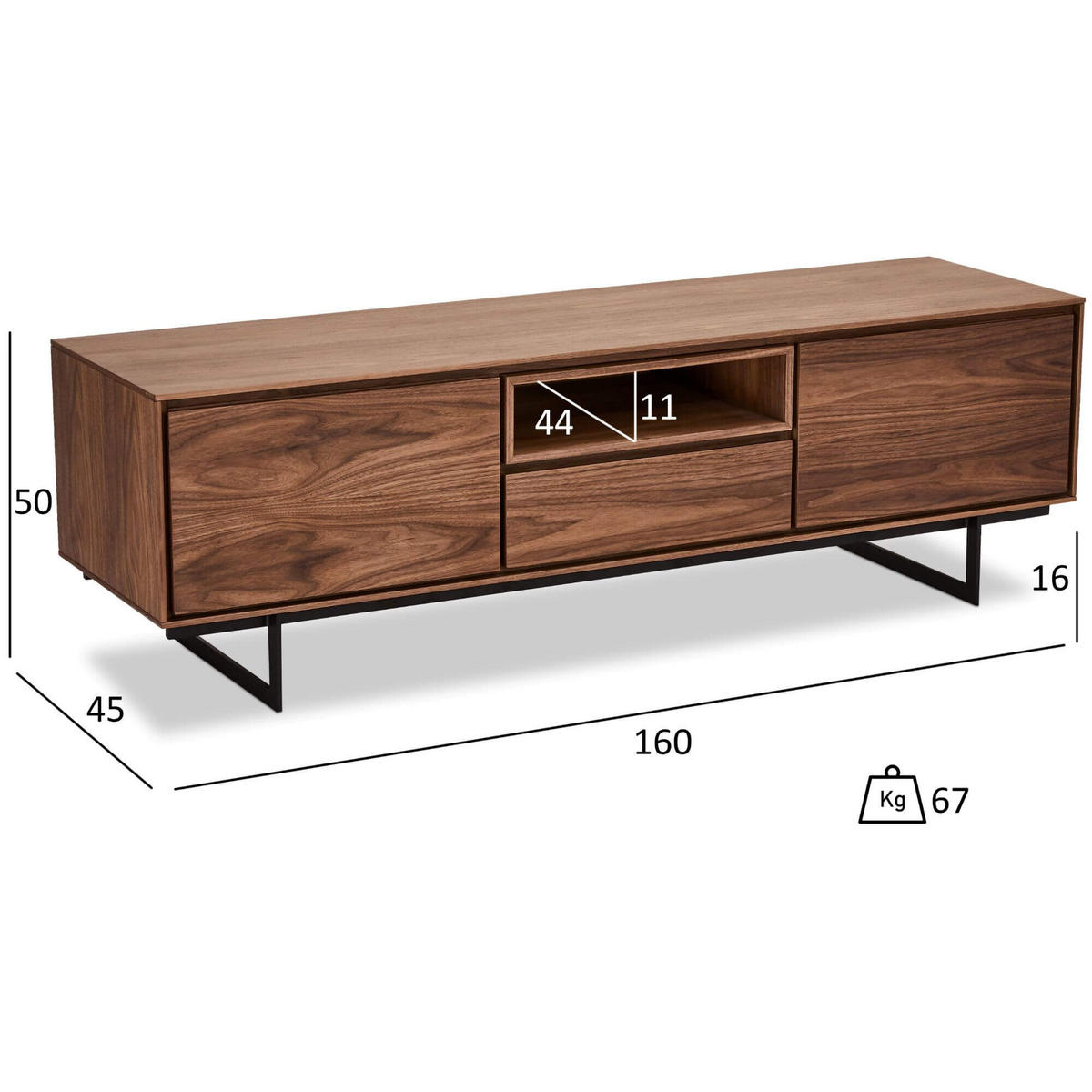 TV-ELEMENT Amerikanisches Walnussfurnier - Schwarz/Braun, Holz/Metall (160/50/45cm) - Furnhouse