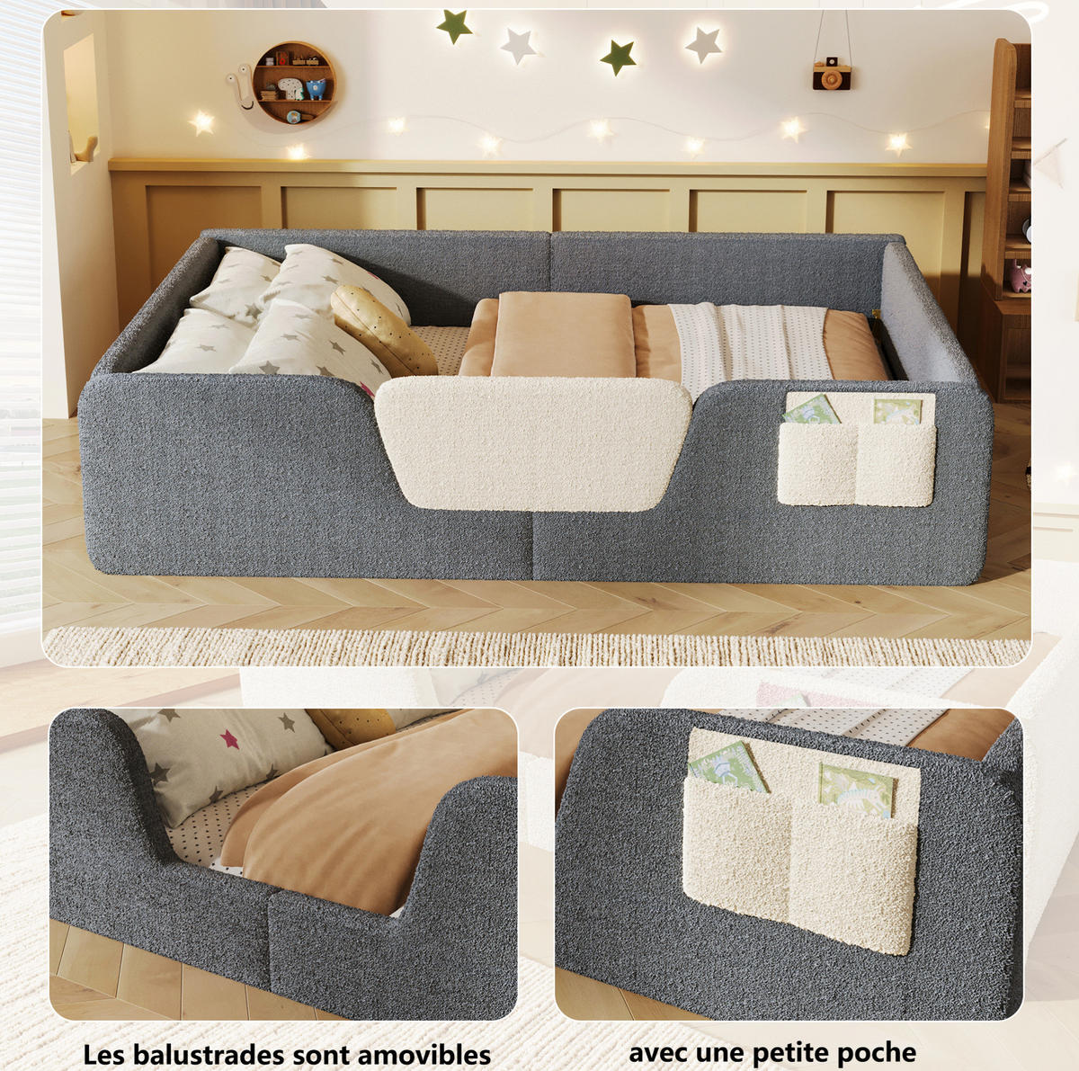 KINDER-POLSTERBETT 140/190 cm grau aus Samt und MDF mit abnehmbaren Seitengittern - Grau, Textil (140/190cm) - OKMYHOME