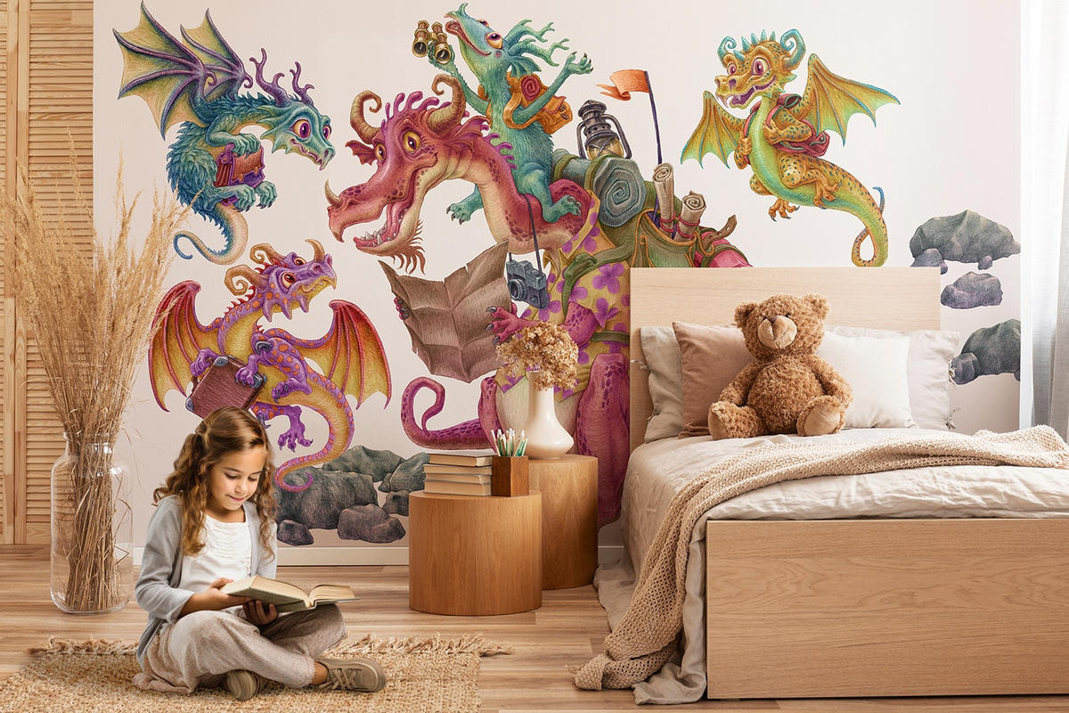 WANDAUFKLEBER 80x107cm - Drachen-Märchenfamilie - Multicolor, Kunststoff (80/107/0.1cm) - Wallfluent