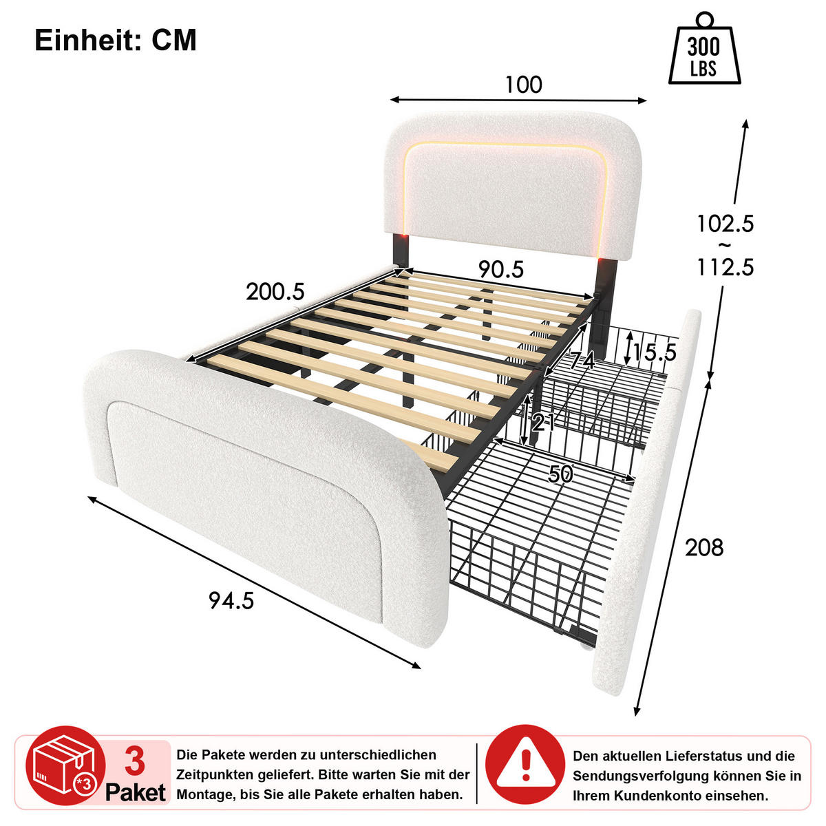 POLSTERBETT 90/200 cm in Weiß Sherpa mit 2 Schubladen, LED, USB und Matratze - Weiß, Holzwerkstoff/Textil (90/200cm) - CHICFURN